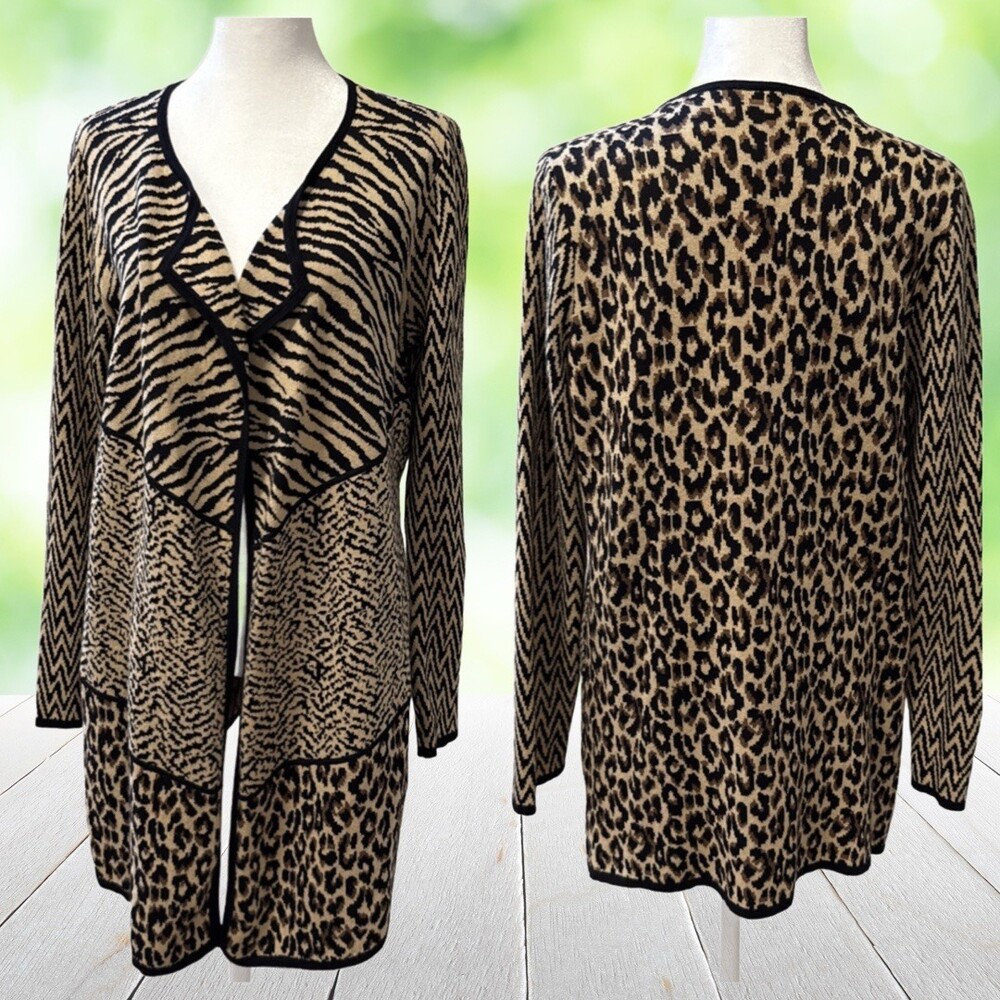 CHICOS Duster Cardigan Patchwork Animal Print Leopard Zebra 100% Cotton Sz 1 (M)